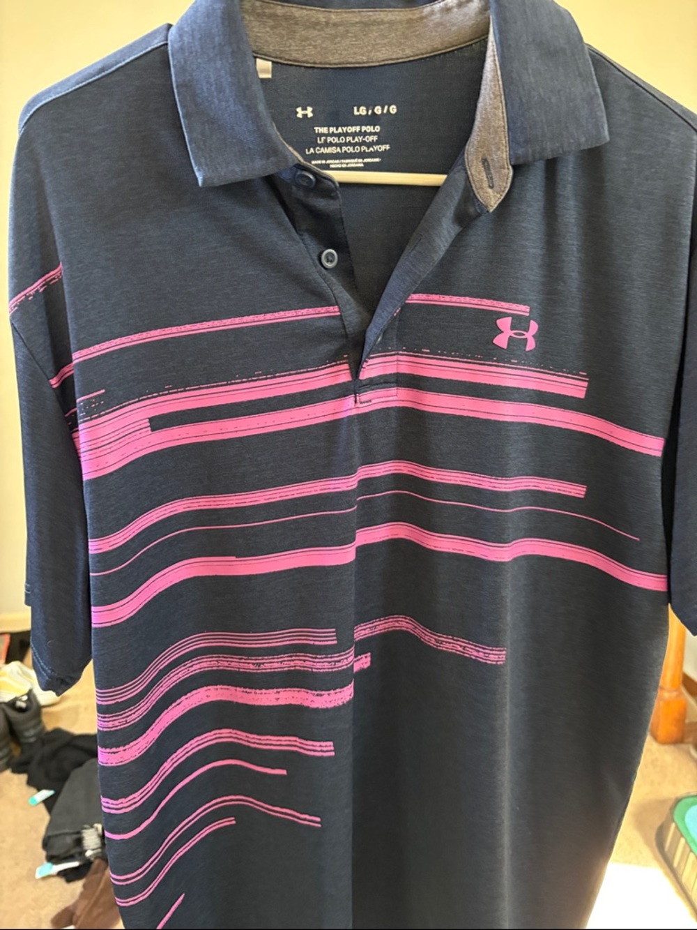 Under Armour Men's Navy Polo with Pink Stripe Graphic